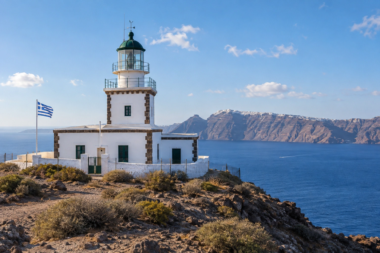 Illustrative catalog artwork of Akrotiri Lighthouse in Santorini