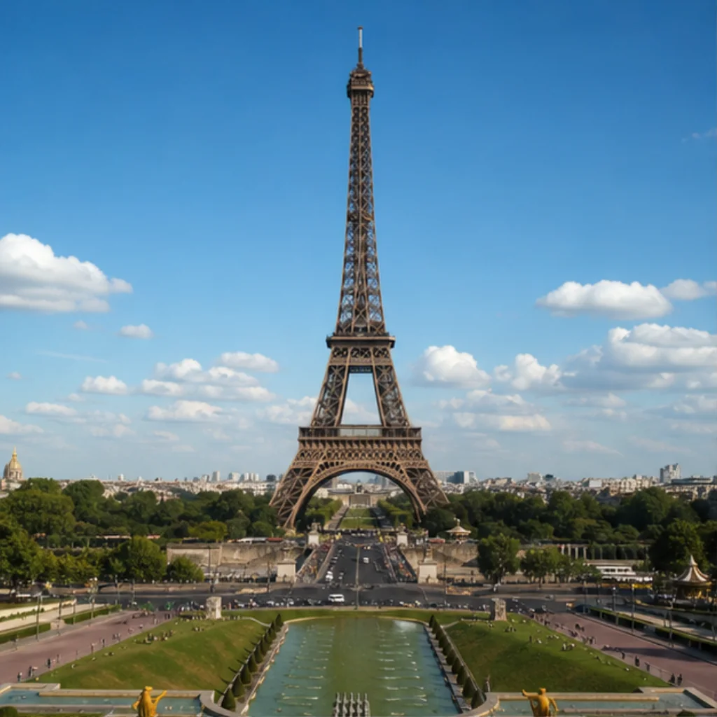 Illustrative catalog artwork of the Eiffel Tower and its Paris setting