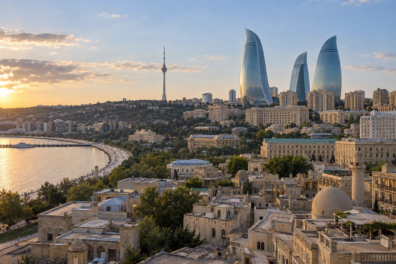 Illustrative catalog artwork of the Flame Towers in Baku
