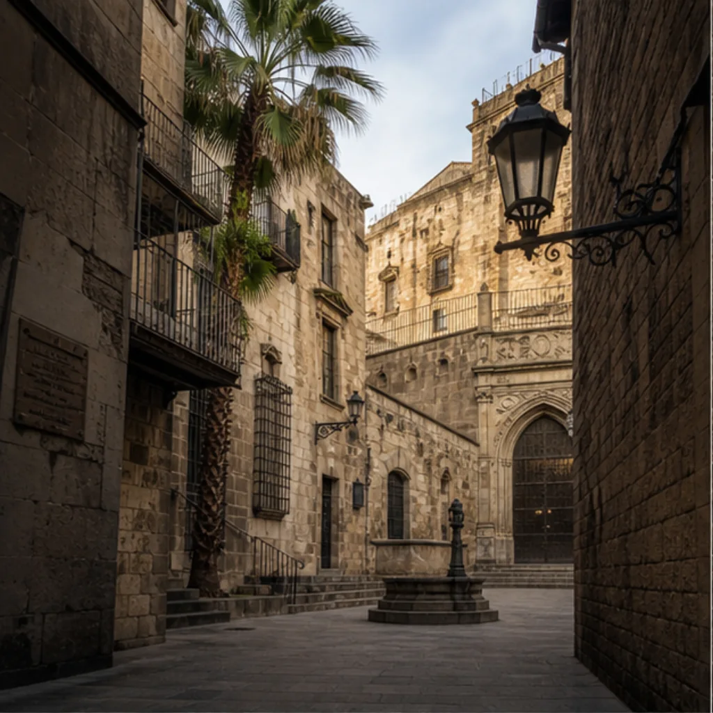 Illustrative catalog artwork of a Gothic Quarter lane in Barcelona