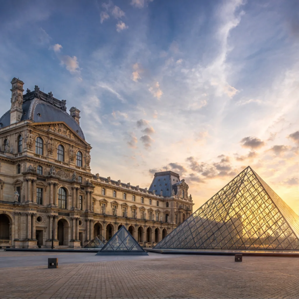 Generated catalog illustration of the Louvre Pyramid and surrounding palace courtyard