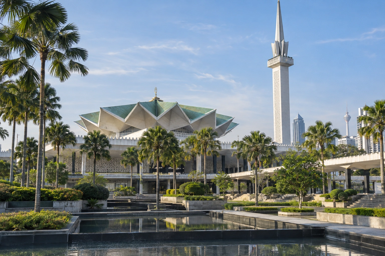 Illustrative catalog artwork of the Masjid Negara umbrella roof and gardens