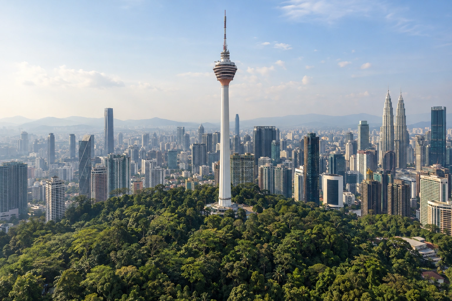 Illustrative catalog artwork of Menara Kuala Lumpur above the rainforest canopy