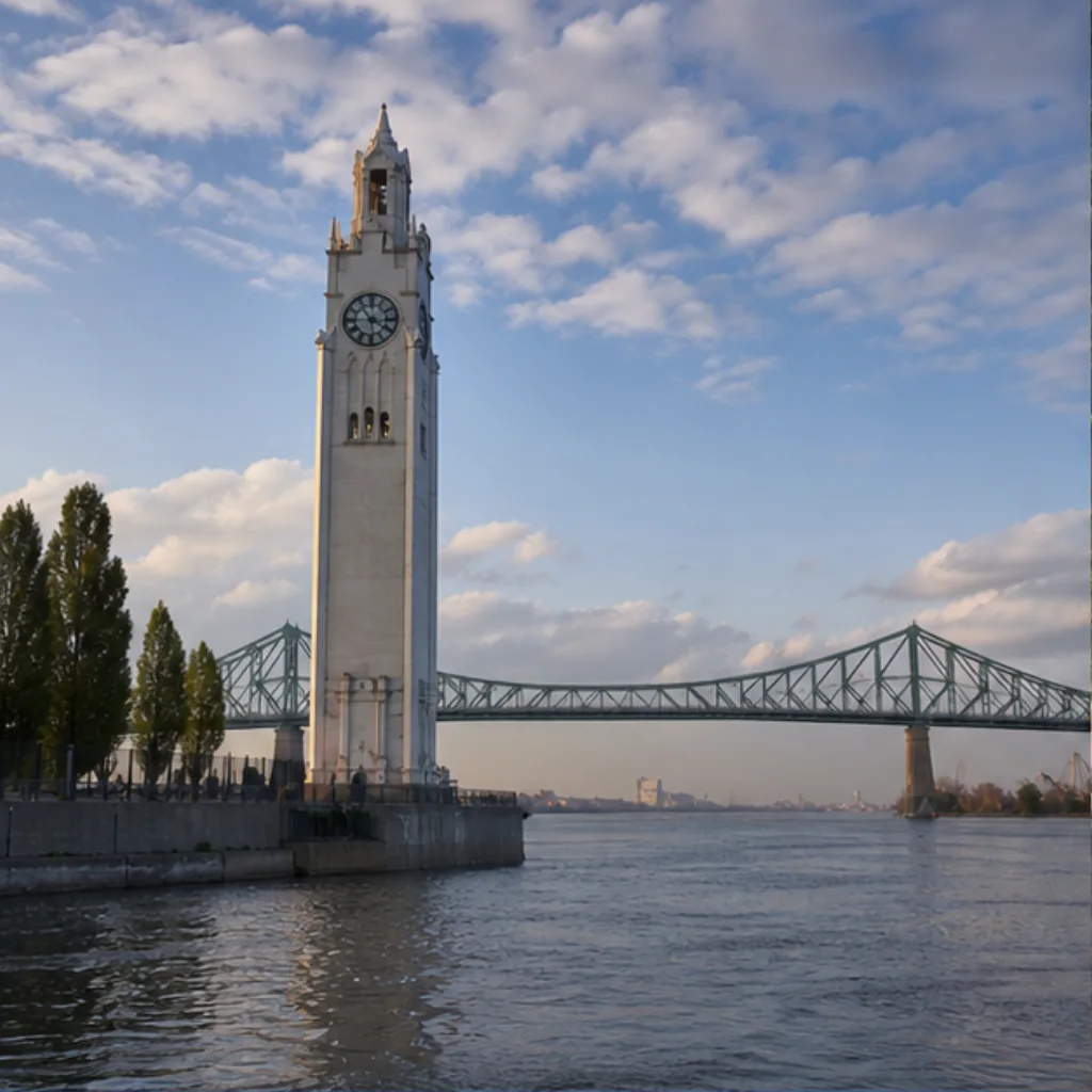 Illustrative catalog artwork of Montréal’s white Clock Tower beside the St. Lawrence River