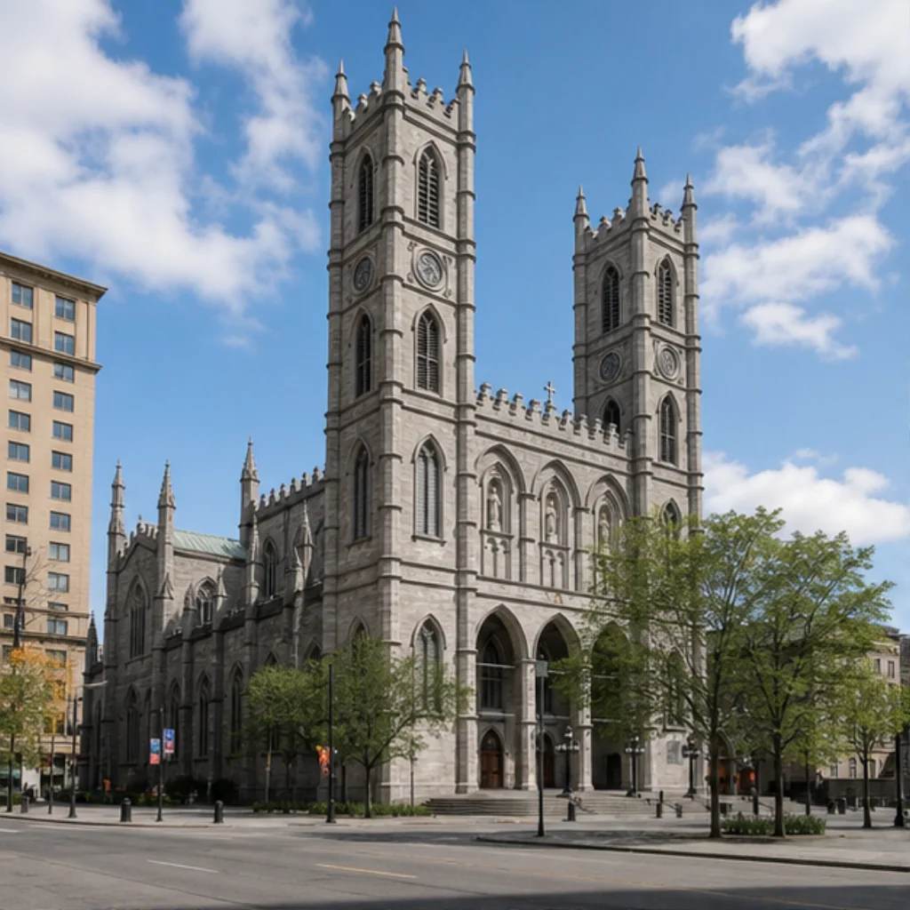 Illustrative catalog artwork of Notre-Dame Basilica and Place d’Armes in Montréal