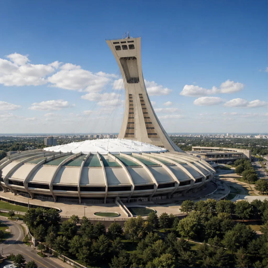 Illustrative catalog artwork of the Montréal Olympic Stadium and its tower