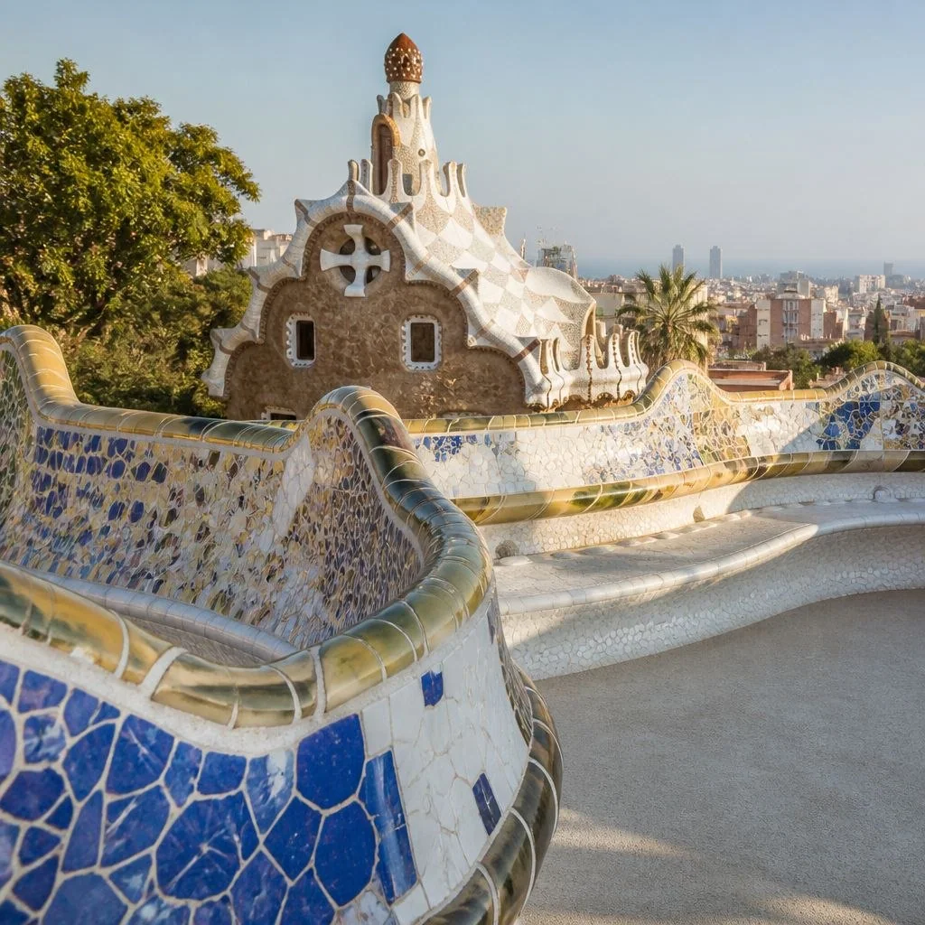 Illustrative Unlocked artwork of the mosaic terrace and gatehouse at Park Güell