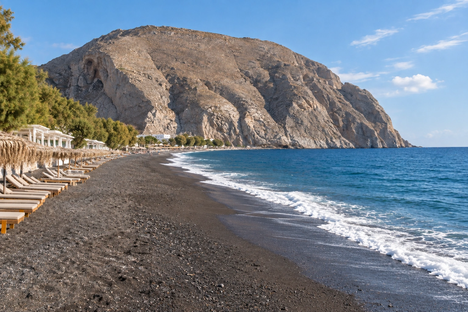 Illustrative catalog artwork of Perissa Beach in Santorini