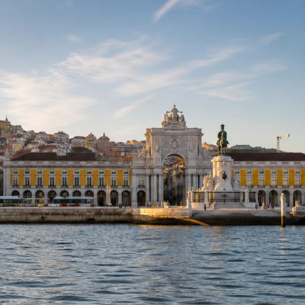 Illustrative catalog artwork of Praça do Comércio and its yellow arcades in Lisbon