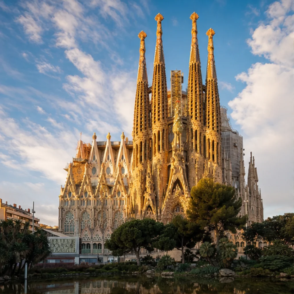 Generated catalog illustration of Sagrada Família across a tree-lined plaza