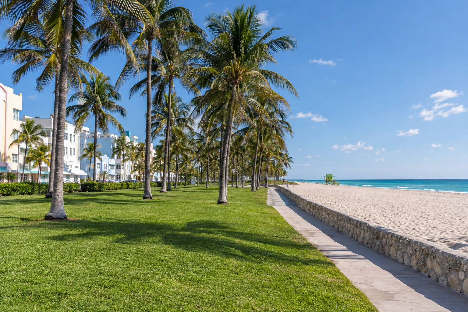 Illustrative catalog artwork of South Beach and Lummus Park in Miami
