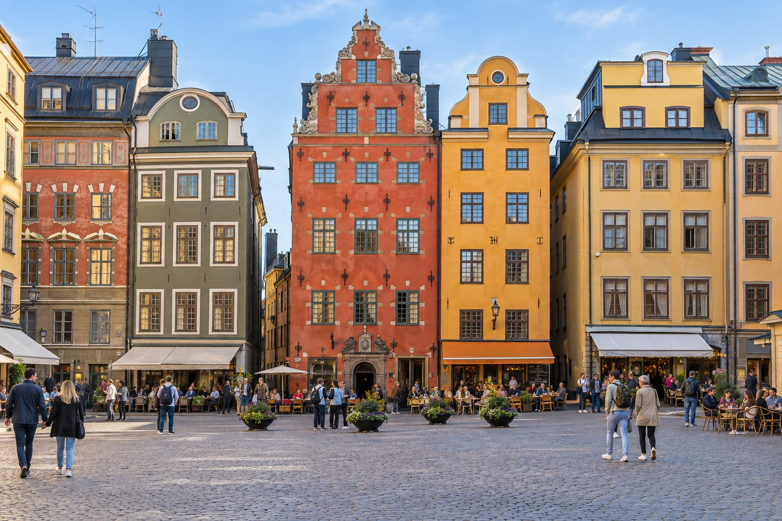 Illustrative catalog artwork of Stortorget’s colorful facades in Stockholm