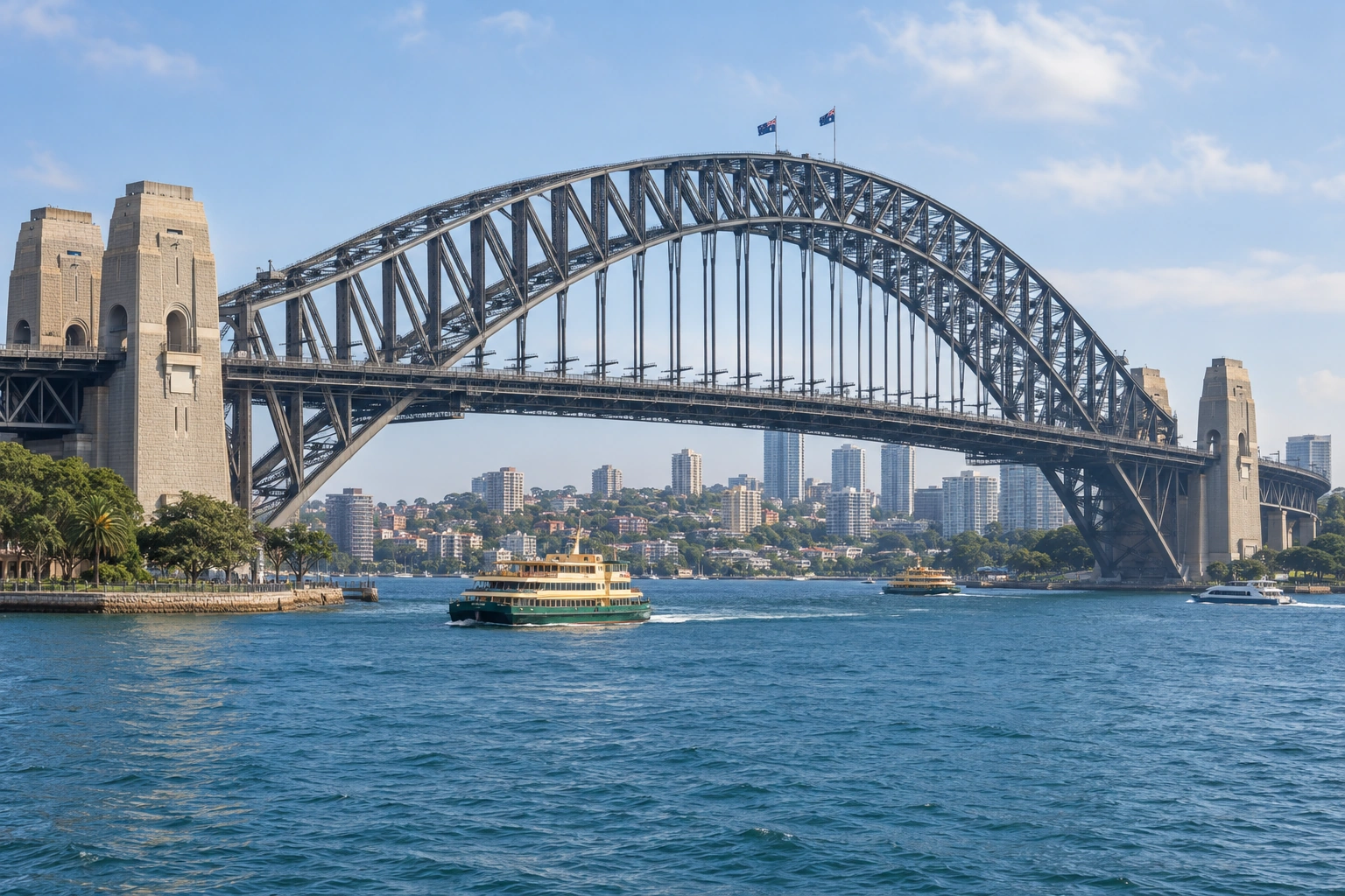 Illustrative catalog artwork of the Sydney Harbour Bridge arch over the harbour; a generated creative direction, not a night photograph or a lighting promise