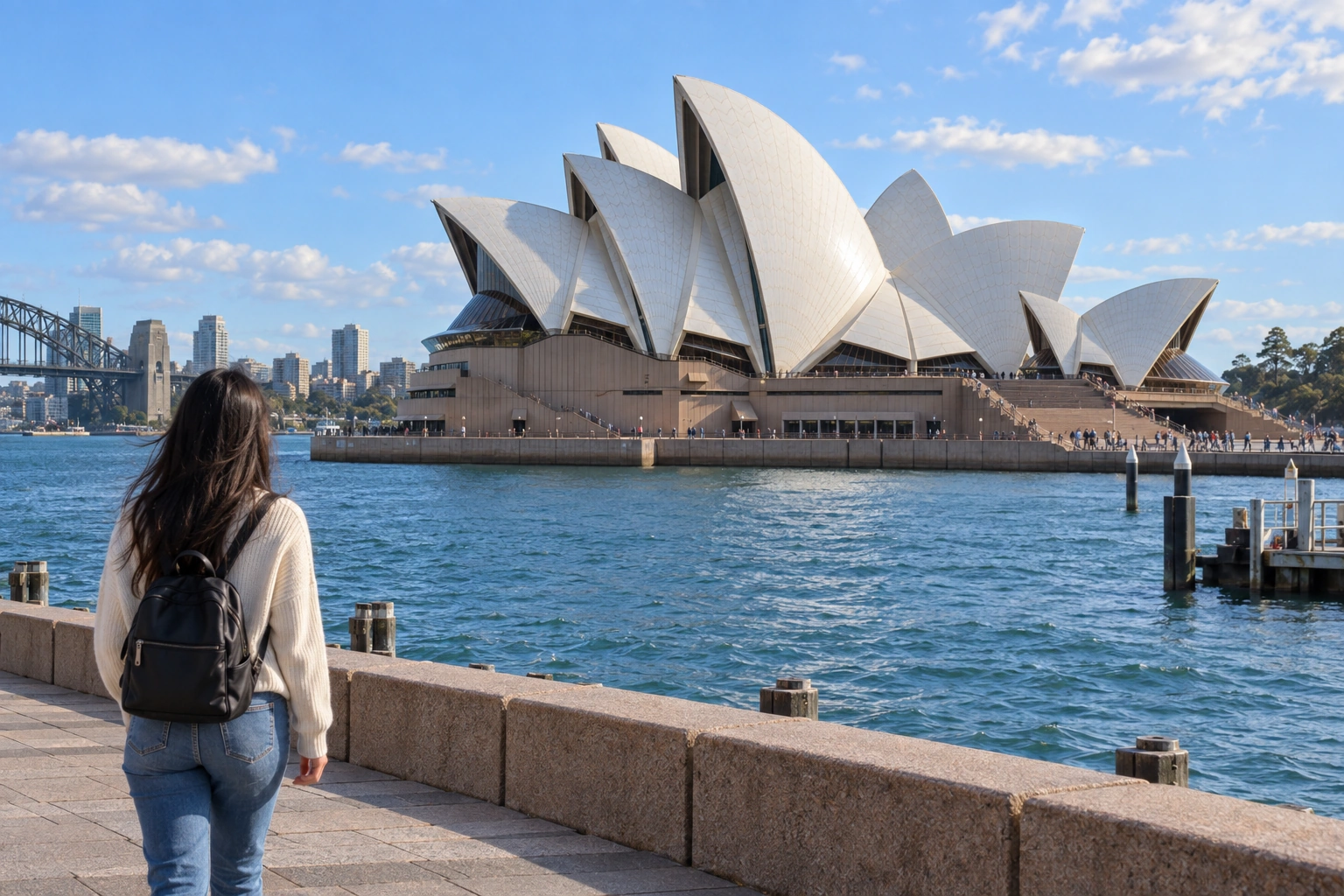Illustrative Experience preview artwork of the Opera House forecourt in daylight; a generated creative direction, not a visitor photograph