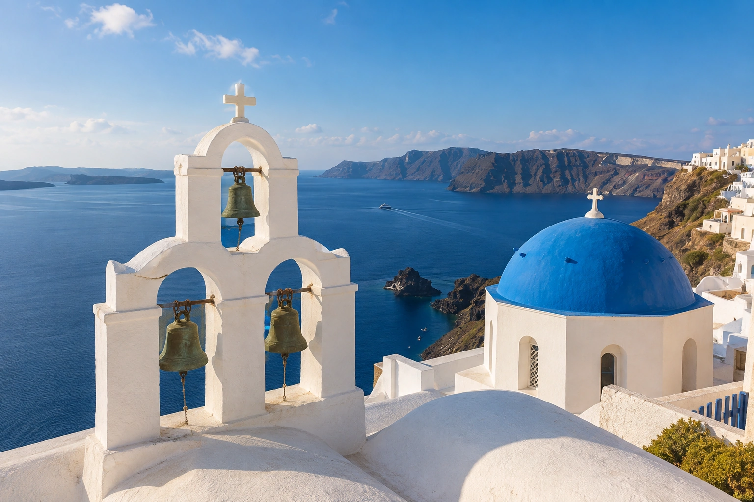 Illustrative catalog artwork of Three Bells of Fira in Santorini