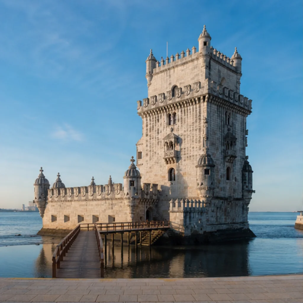 Illustrative catalog artwork of Torre de Belém beside the Tagus River