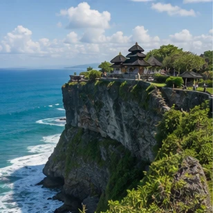 Illustrative catalog artwork of Uluwatu Temple above the ocean in Bali
