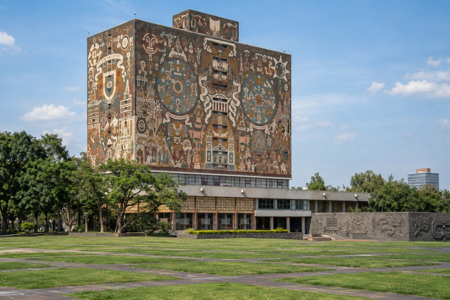 Illustrative catalog artwork of UNAM Central Library in Mexico City