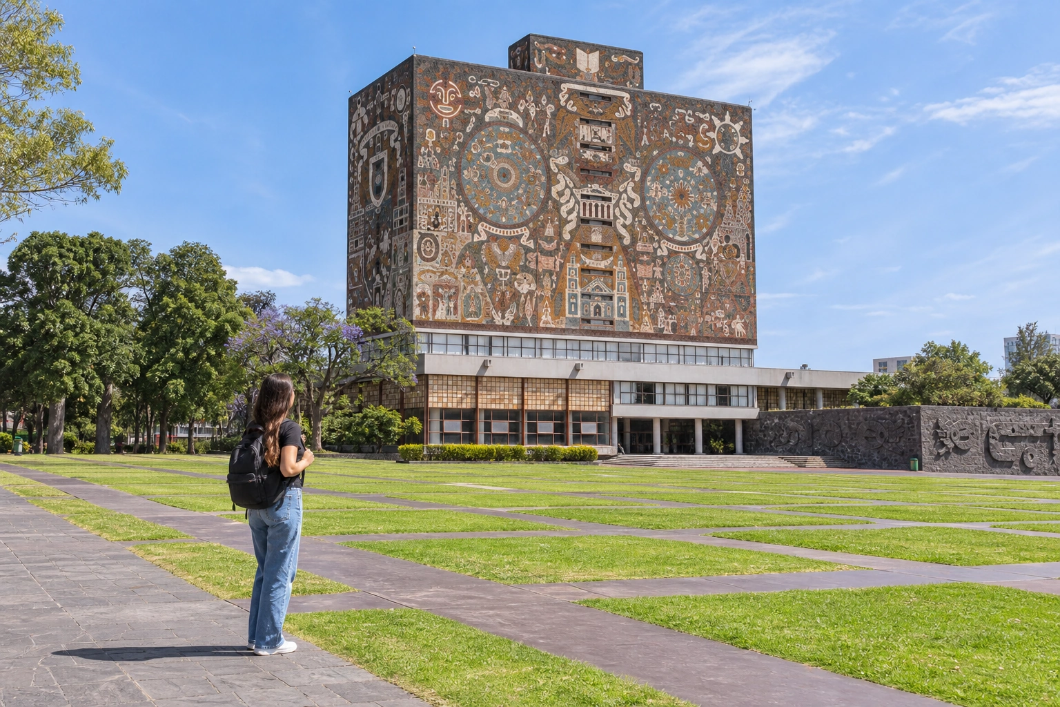 Illustrative Library and Lawn Experience preview for UNAM Central Library